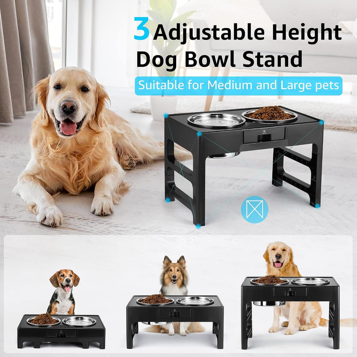 Elevated Dog Bowls, Stainless Steel Raised Dog Deep Bowl with Adjustable Stand, Double Dog Food and Water Bowl for Medium Large Dogs, 3 Heights 3.9”, 7.8”, 11.8”
