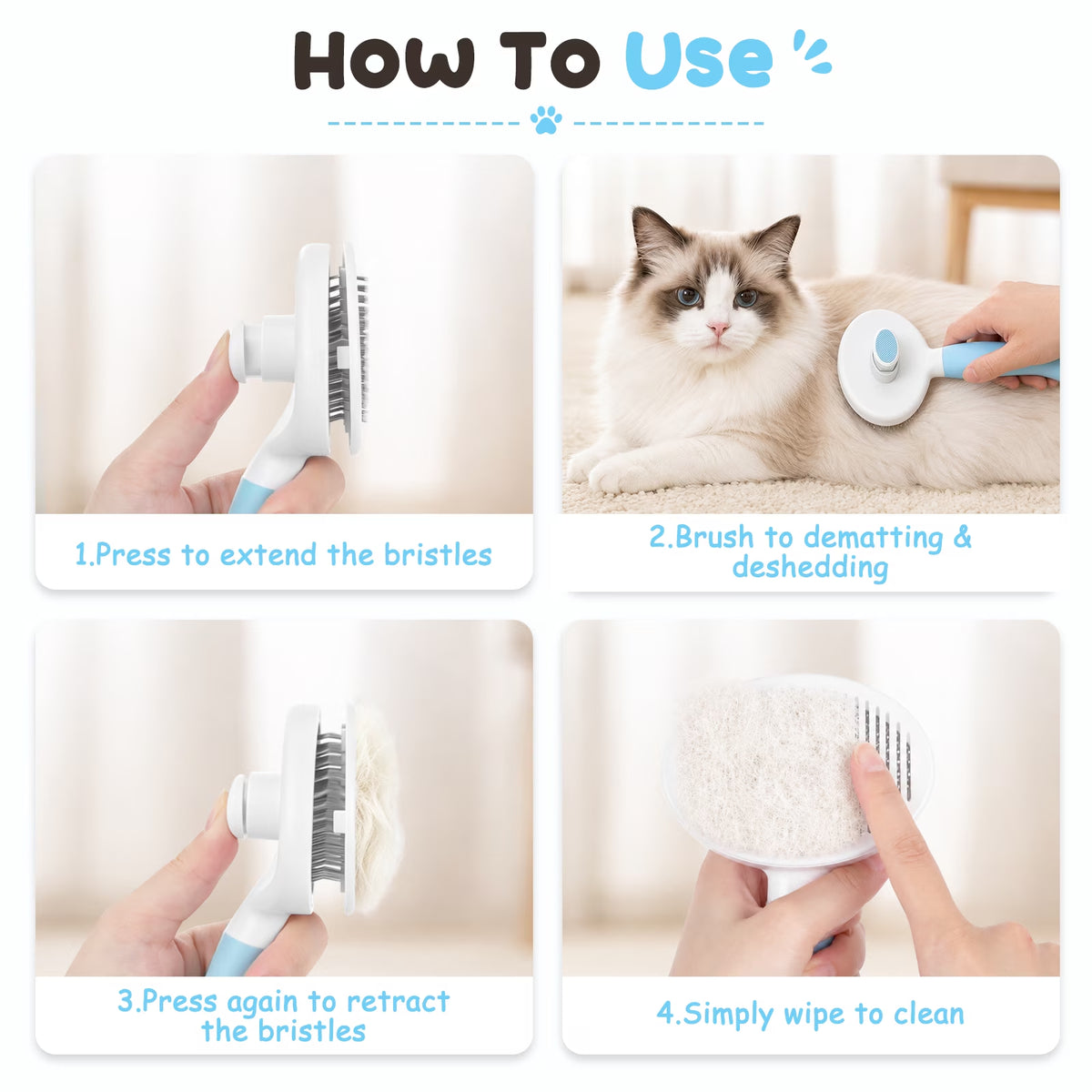 Cat & Dog Grooming Brush – Self-Cleaning Slicker Brush for Shedding, Removes Loose Fur & Tangles, Gentle & Skin-Friendly, Perfect for All Coat Types – Blue