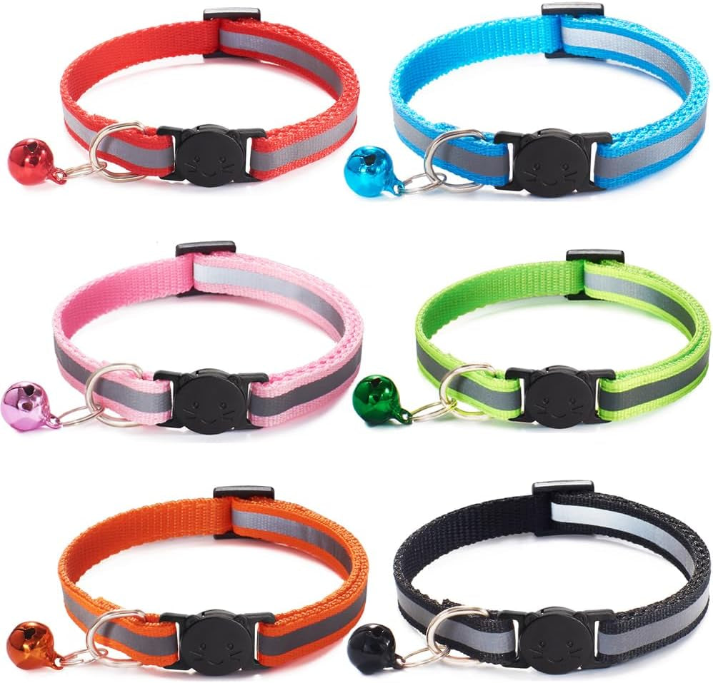 6 Pack Reflective Cat Collar with Bell, Breakaway and Safe Collars for Cats, Nylon, Pet Collar Mixed Colors Adjustable19-32Cm