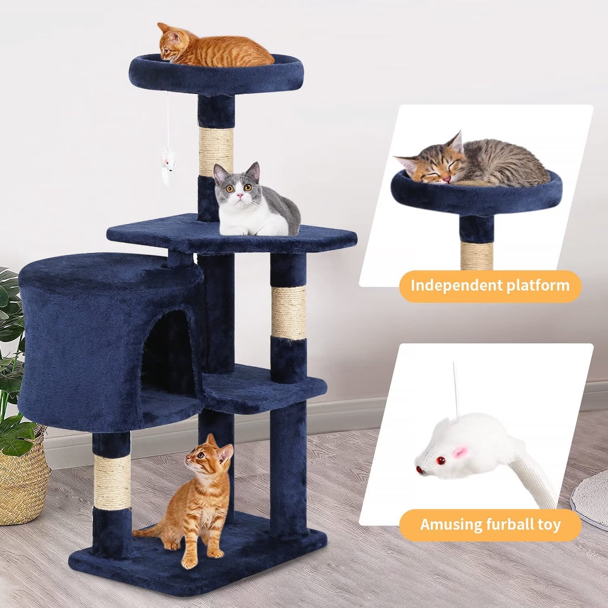 36 Inch Tall Cat Tree Cat Tower Cat Condo Multi-Level,Navy Blue