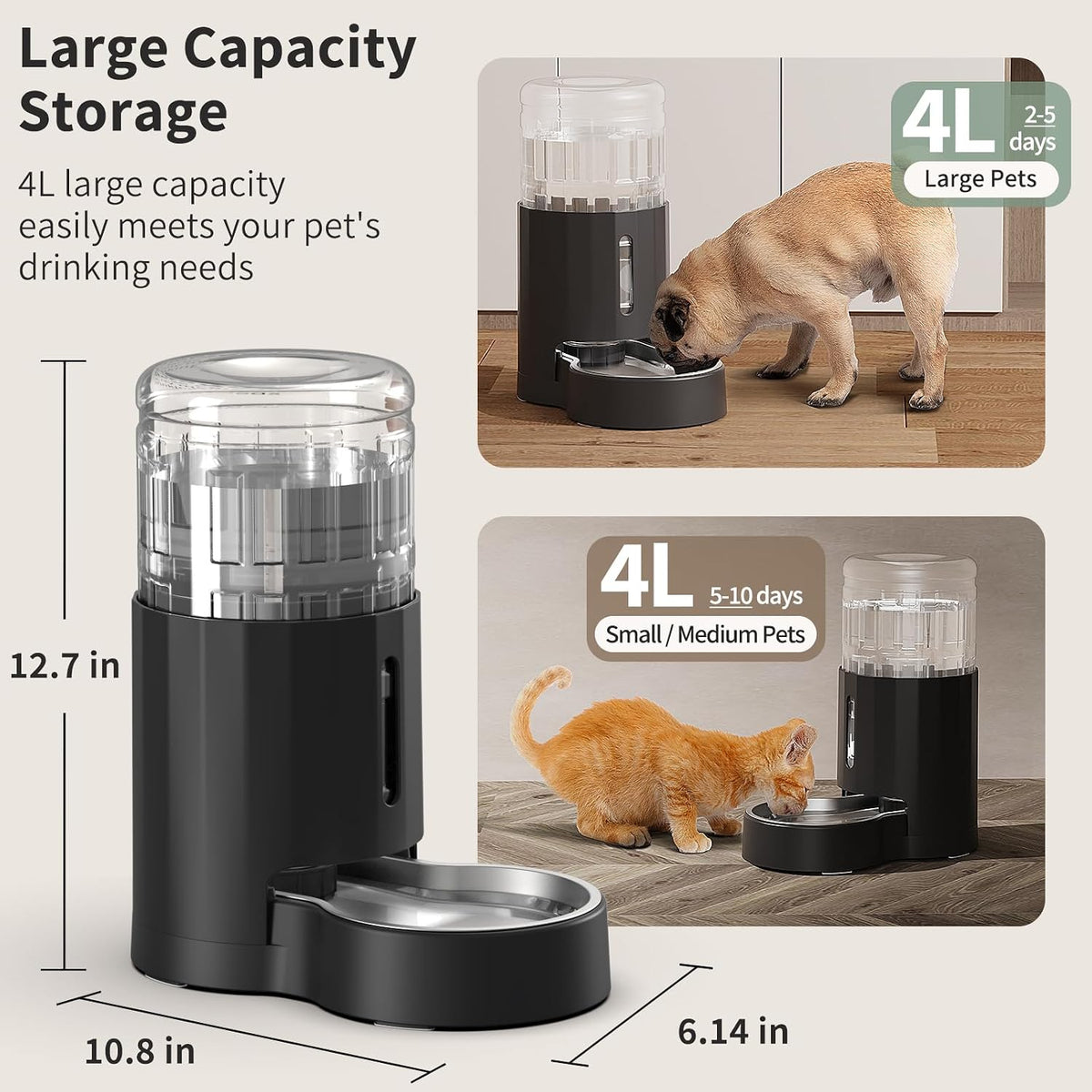 Cat Water Dispenser with Stainless Steel Bowl (4L Black)