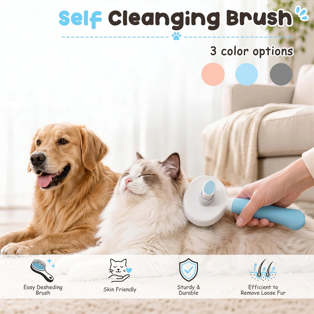 Cat & Dog Grooming Brush – Self-Cleaning Slicker Brush for Shedding, Removes Loose Fur & Tangles, Gentle & Skin-Friendly, Perfect for All Coat Types – Blue