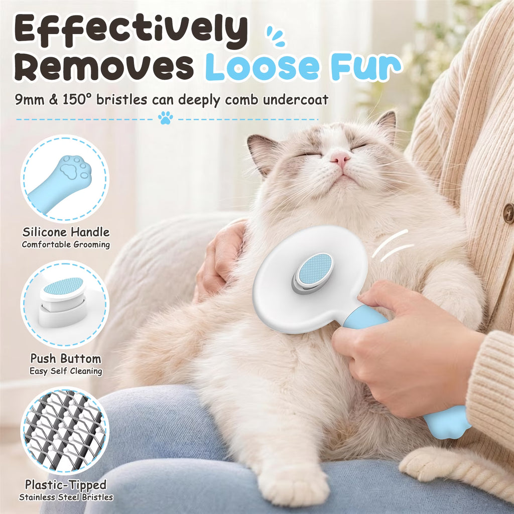 Cat & Dog Grooming Brush – Self-Cleaning Slicker Brush for Shedding, Removes Loose Fur & Tangles, Gentle & Skin-Friendly, Perfect for All Coat Types – Blue