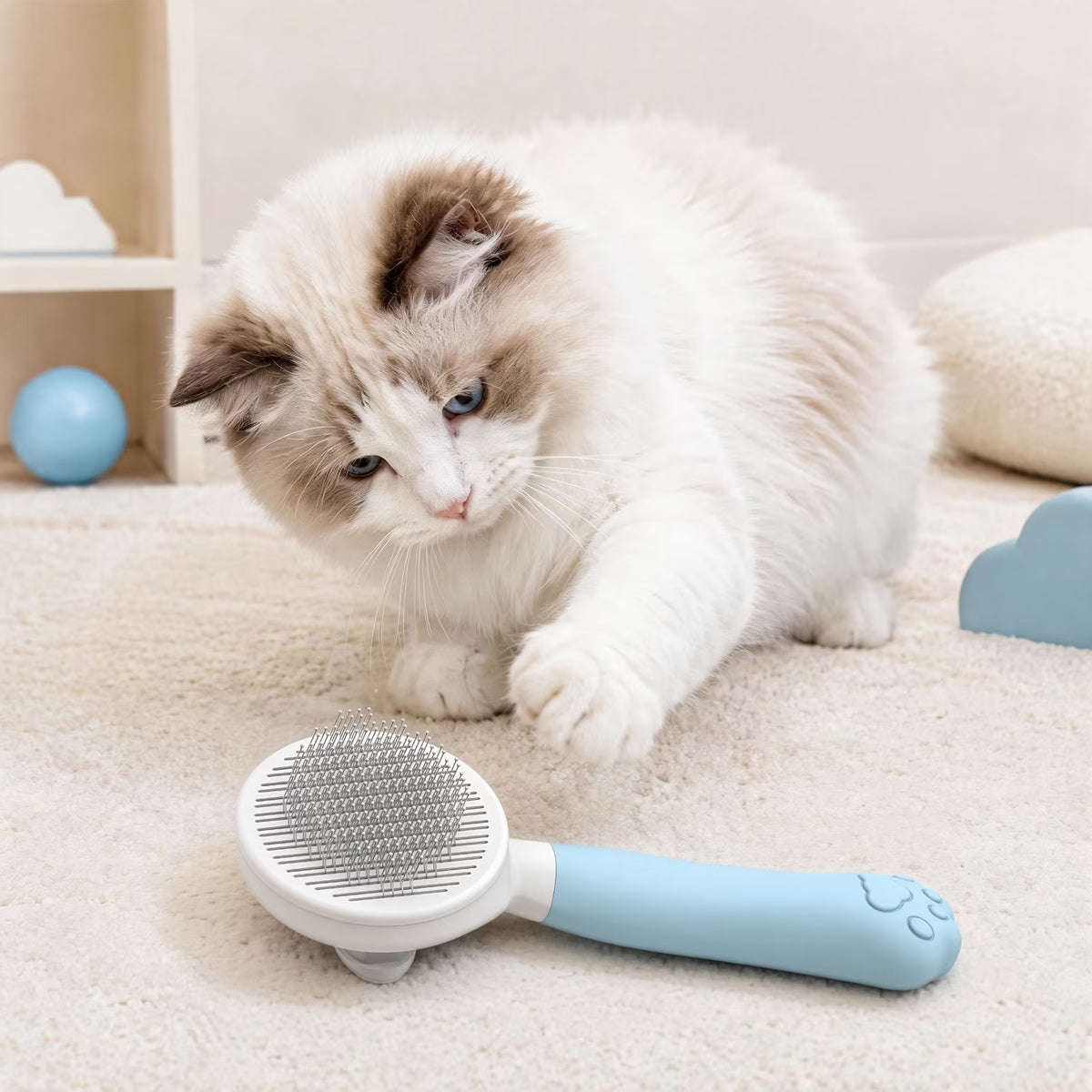 Cat & Dog Grooming Brush – Self-Cleaning Slicker Brush for Shedding, Removes Loose Fur & Tangles, Gentle & Skin-Friendly, Perfect for All Coat Types – Blue