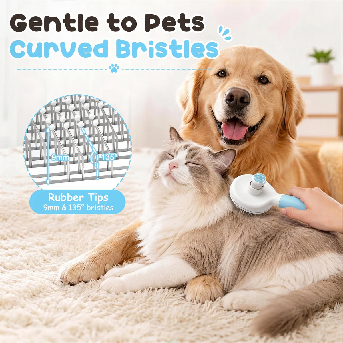 Cat & Dog Grooming Brush – Self-Cleaning Slicker Brush for Shedding, Removes Loose Fur & Tangles, Gentle & Skin-Friendly, Perfect for All Coat Types – Blue