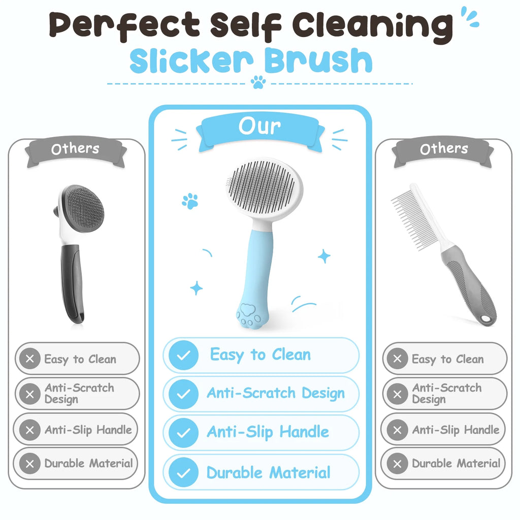 Cat & Dog Grooming Brush – Self-Cleaning Slicker Brush for Shedding, Removes Loose Fur & Tangles, Gentle & Skin-Friendly, Perfect for All Coat Types – Blue