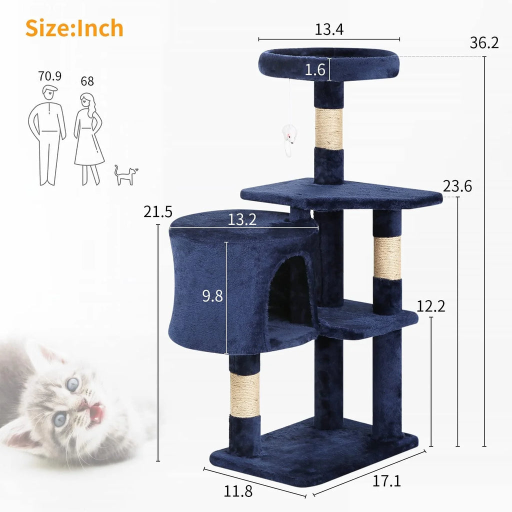 36 Inch Tall Cat Tree Cat Tower Cat Condo Multi-Level,Navy Blue